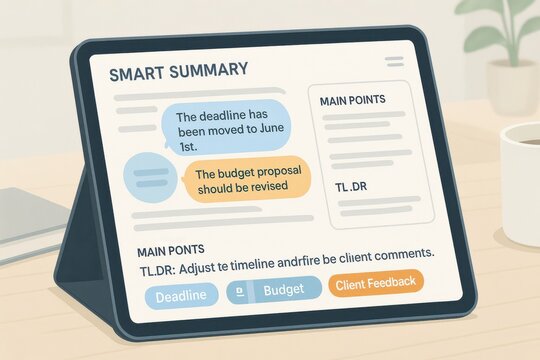 Tablet displaying smart summary with main points, deadlines, and client feedback powered by AI summarization
