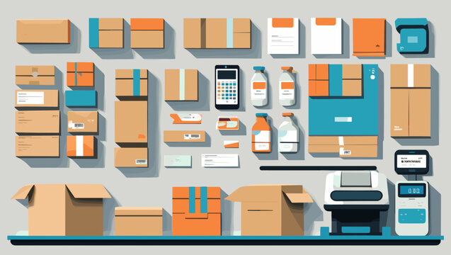 Flat lay illustration of various packaging and shipping supplies arranged neatly