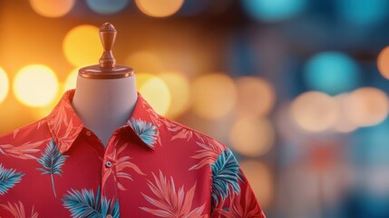 Obraz premium Red shirt with bold patterns displayed on a mannequin in a fashion boutique.