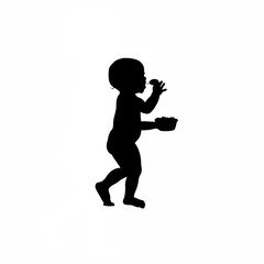 Silhouette of a baby trying to eat finger food with hands on white background