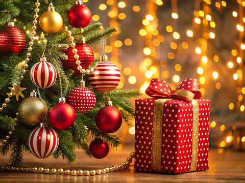 Christmas gift box with red ribbon and christmas tree with ornaments and lights