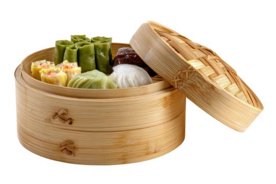 Bamboo steamer basket filled with assorted Asian dumplings and dim sum isolated on a transparent background