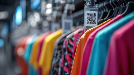 Medium shot showcasing a futuristic vending wall stocked with vibrant tshirts as robot arms operate seamlessly in the blurred background and a focused QR code panel invites