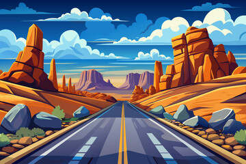 Scenic desert road at sunset with glowing skies, vast sandy landscape, and distant mountains. Perfect for road trip visuals, travel posters, or adventure themes.