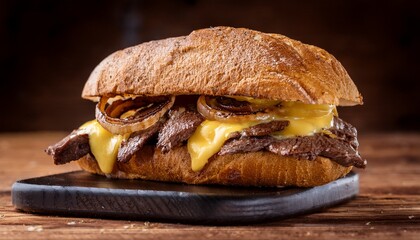delicious steak sandwich with melted cheese and grilled onions