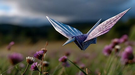 Origami Butterfly in Flight with Meadow Flowers, Nature, and Creative Concept.