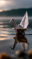 Origami crane floats on water with peaceful reflection with mountain backdrop.