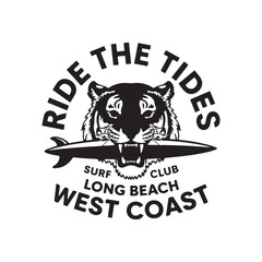 Obraz premium Ride the tides surf club west coast long beach tiger symbol monochrome illustration