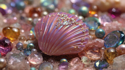 seashell with pearls and gems close up luxury background