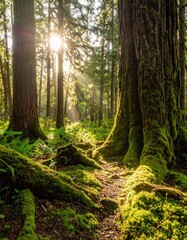 Obraz premium Sunlight streams through lush forest
