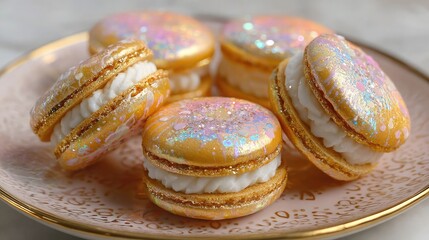  Luxurious peach macarons displayed on a cream-colored plate with delicate flowers accentuating the elegant dessert arrangement in a bright kitchen setting