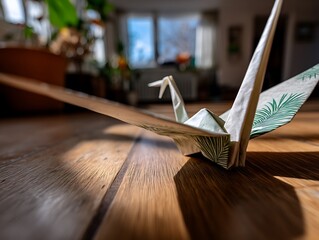Origami Crane on Wooden Floor Paper Bird with Tropical Leaf Pattern with Home Focus.