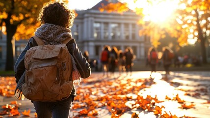 Student with short curly hair walking school courtyard during autumn with cozy scarf and light jacket. Autumn