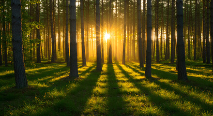 Obraz premium Golden Sunlight Through Forest Trees
