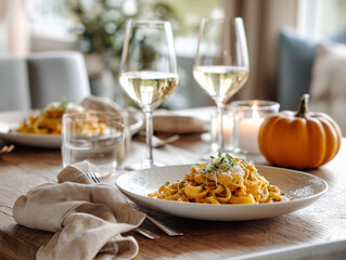 Dining table with a pumpkin, two plates of pasta and sparkling water