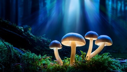 Fototapeta premium luminescent mushrooms glowing in the dark forest at night under mysterious light beams