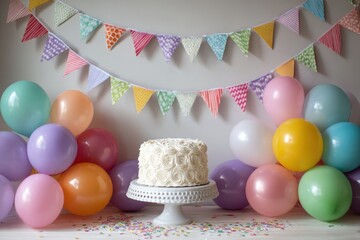 First birthday cake smash setup, pastel balloons, bunting