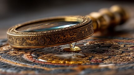 Ornate magnifying glass with droplet on vintage wooden surface Discovery concept.