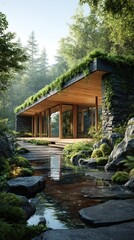 Modern house nestled in a serene forest