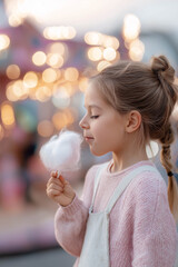 Naklejka premium Young girl enjoying cotton candy at a festive outdoor event, with colorful lights and a joyful atmosphere creating a whimsical and enchanting scene