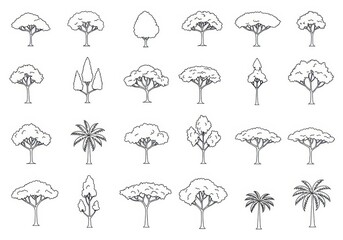 Set of various tree icons in a minimalist black and white line art style
