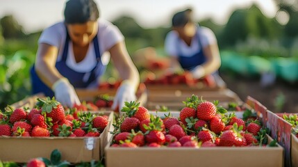 Freshly picked strawberries in cardboard boxes in a field.