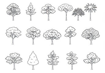 Set of various tree icons in a minimalist black and white line art style
