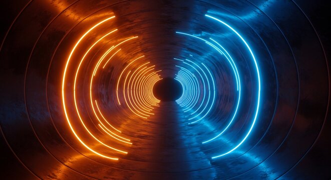 輝くネオン光線、対照的なオレンジと青。無限に続く神秘的なトンネル。