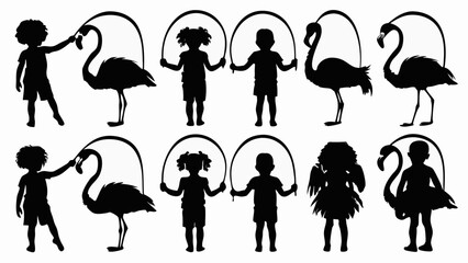 Silhouette illustration of children and flamingoes holding skipping ropes in a playful arrangement scene