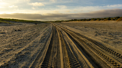 Tire tracks on sandy beach landscape at sunset, showcasing natural textures and patterns, with...