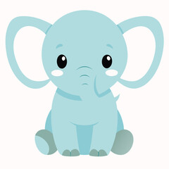 Fototapeta premium Adorable baby blue elephant calf sitting, a cute cartoon character illustration with big eyes, design series