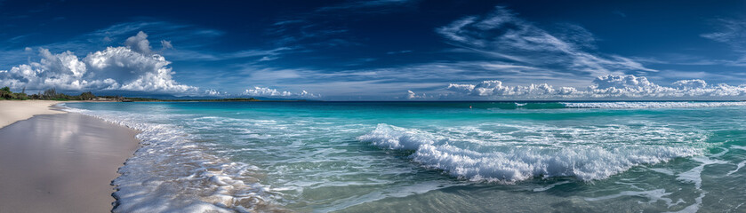 Fototapeta premium Relaxing beach waves tropical paradise scenic landscape clear waters panoramic view tranquil atmosphere for vacationers