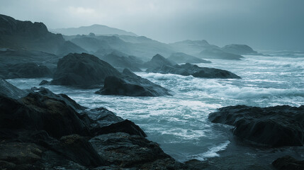 Fototapeta premium Stormy waves crashing on rocky shores coastal landscape ocean seascape dramatic weather wide angle nature's power