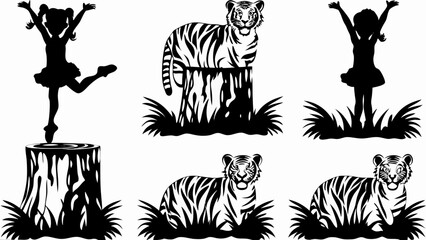 Silhouette of a ballerina dancing on a tree stump and tigers standing and sitting among grass vector art