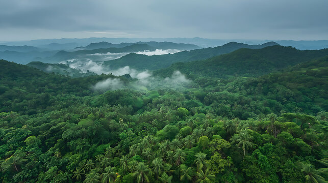 The aerial view captures a vivid, high-resolution nature photography of a tropical rainforest, featuring a lush green canopy, mist, and fog, surrounded by distant mountain ridges.
