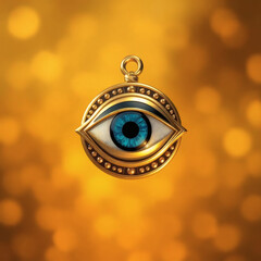 Evil eye protection charm, gold necklace, blue nazar amulet bokeh background