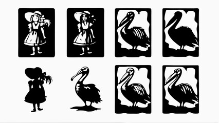 Fototapeta premium Illustrations of girls in hats and pelicans in black and white silhouette style vector art work