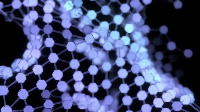 Futuristic molecular structure with glowing hexagon nodes connected in a digital network science background
