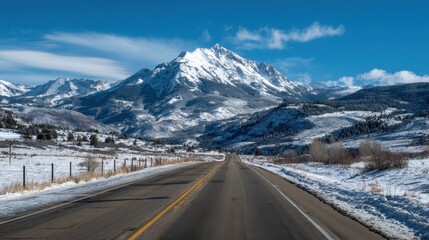 Scenic Drive on Colorado Highway with Breathtaking View of Majestic Snowcapped Mountain in Winter Landscape