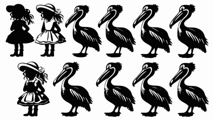 Obraz premium Silhouette of girls in dresses and hats with pelicans arranged in rows on a white background
