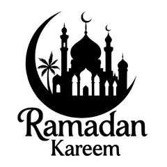 Ramadan Kareem greeting with mosque and crescent moon silhouette
