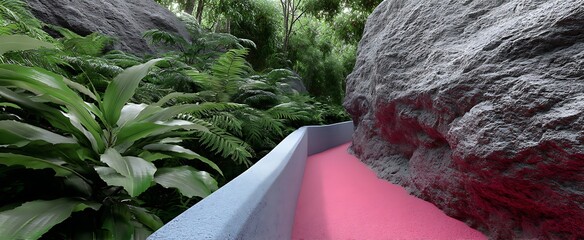 Pathway through a lush green jungle Rock formations and vibrant pink path create contrast.