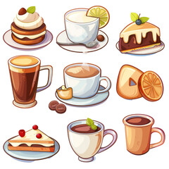 Nine stylized icons of various coffee and dessert items