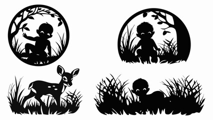 Fototapeta premium Silhouette images featuring babies in nature scenes with trees and a deer, all in black and white design