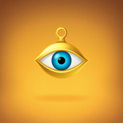 Evil eye protection charm, gold necklace, blue nazar amulet golden background