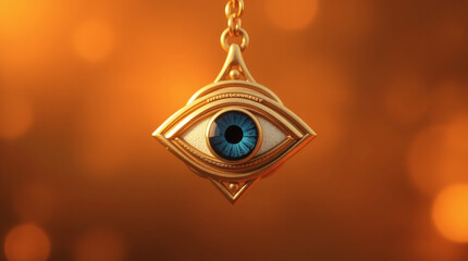 Evil eye protection charm, gold necklace, blue nazar amulet bokeh background
