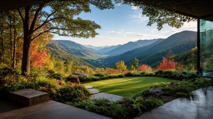 Panoramic mountain vista from modern home