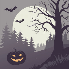 Spooky forest night scene with pumpkin and bats halloween