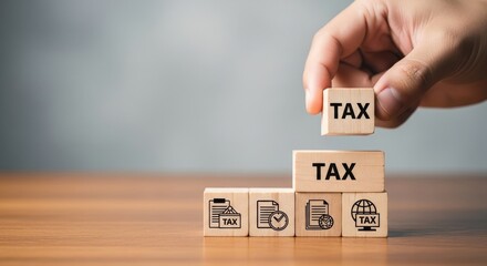 Building a Secure Tax Future - A hand carefully places a TAX block onto a stack, symbolizing tax planning, financial stability, responsibility, growth, and security