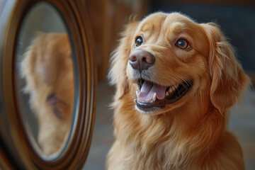 A cheerful red dog with an open mouth and expressive eyes looks into the mirror.  